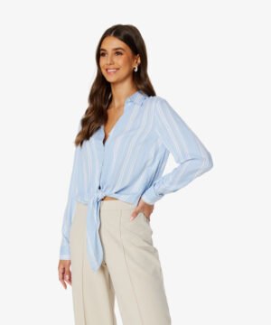 Women Blue & White Relaxed Striped Casual Shirt Tie-up
